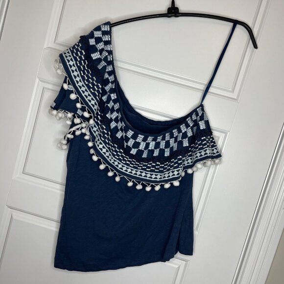 By Anthropologie Pom-Tassel One-Shoulder Top Women's Size Large Blue Cotton NEW - Picture 5 of 12